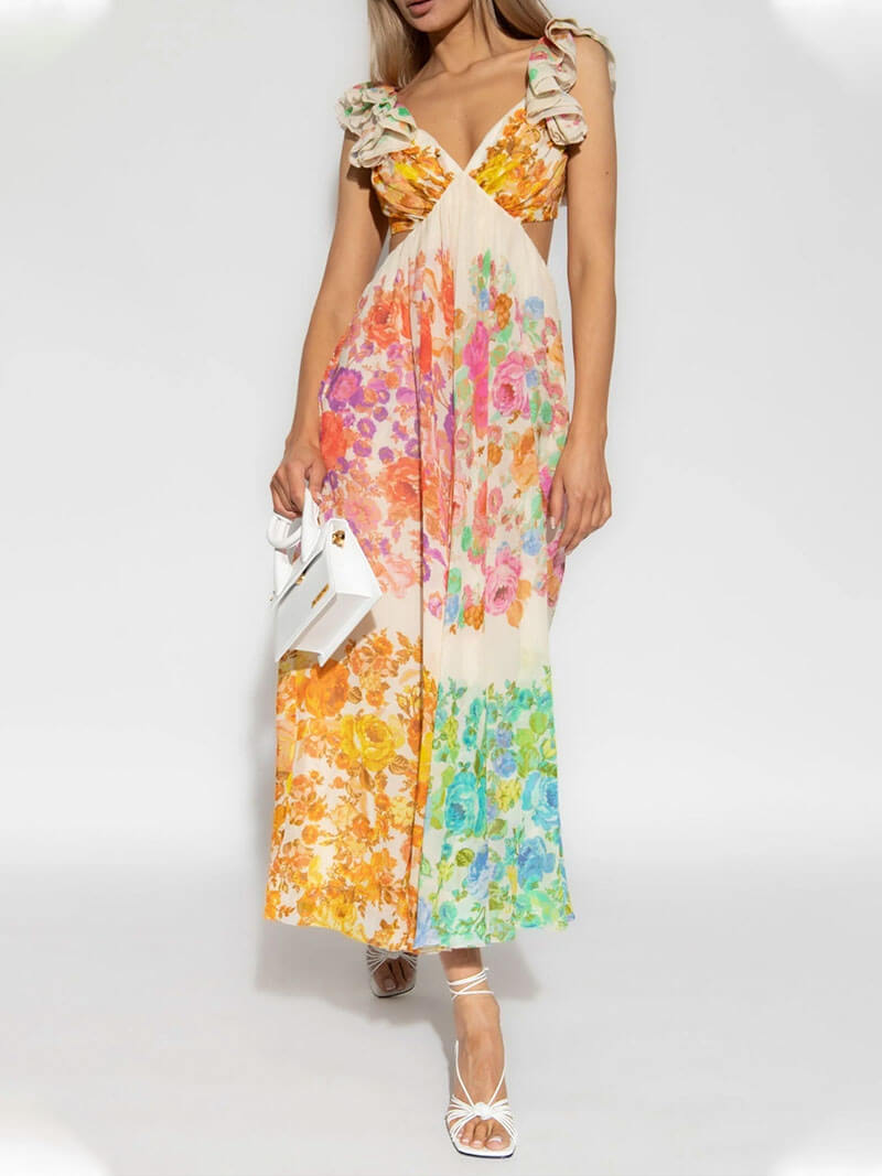 Meadow | Damska Elegancka Sukienka Maxi W Kwiaty Z Dekoltem V