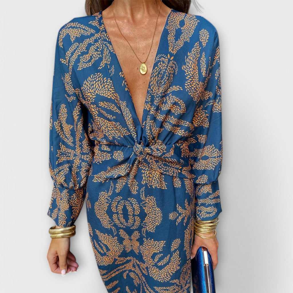 Elorina | Abito Midi Elegante da Donna con Maniche Lunghe e Fantasia