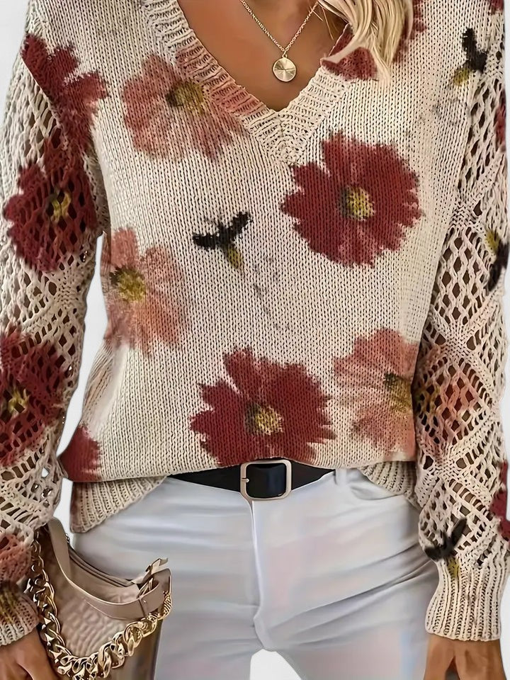 Sandrine | Maglione da donna con motivo floreale e scollo a V
