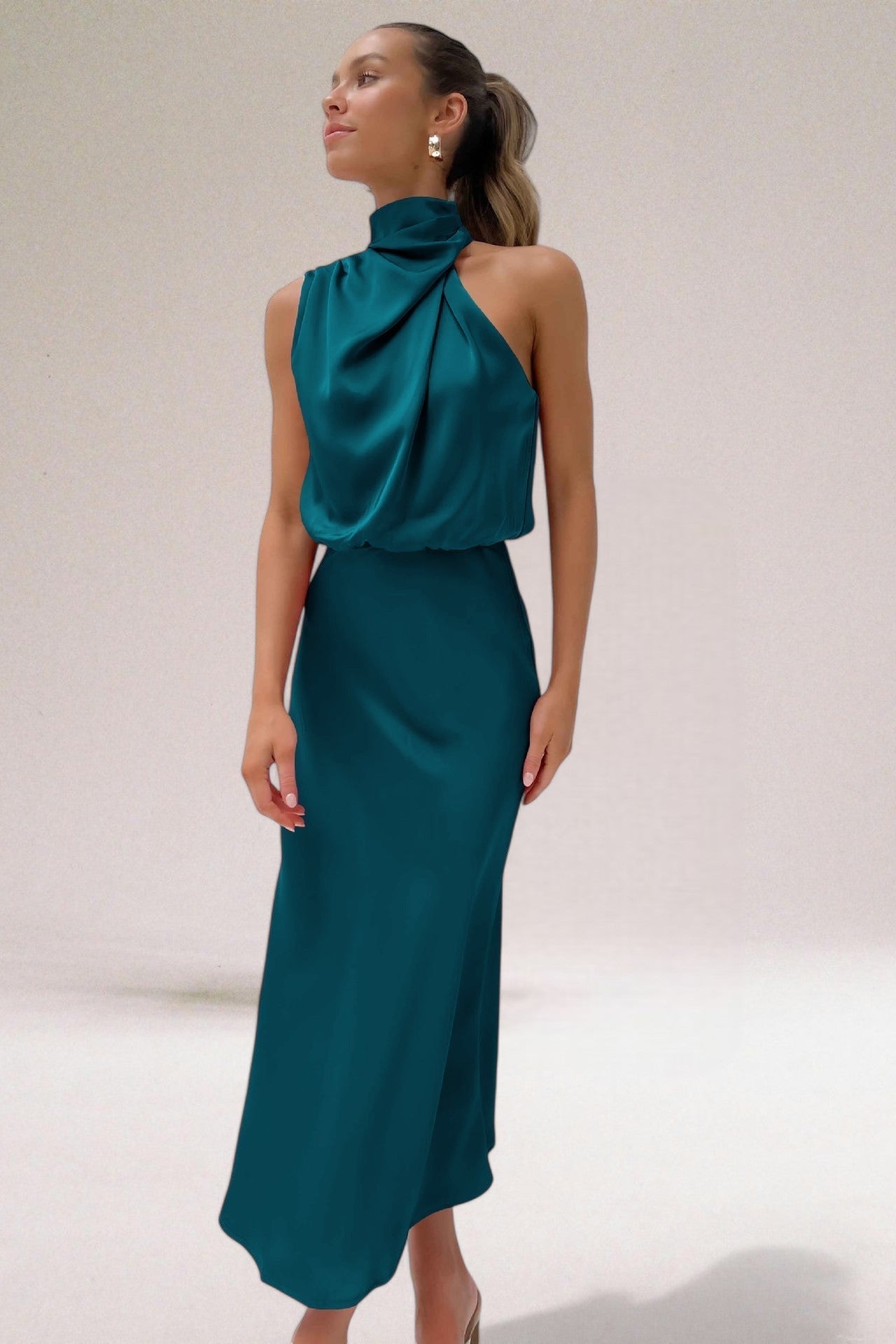 Sorelia | Abito Elegante da Donna in Raso Midi con Scollo Alto