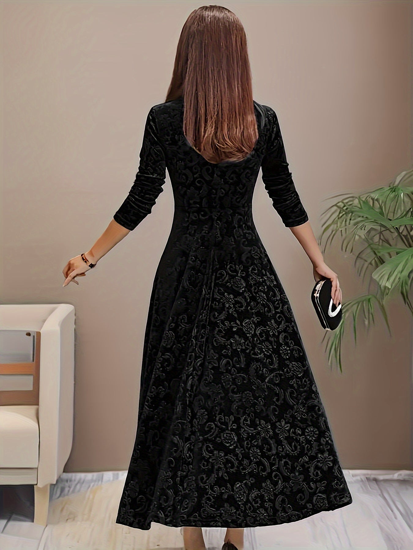 Velarise | Abito Midi Elegante da Donna con Maniche Lunghe e Stampa a Rilievo