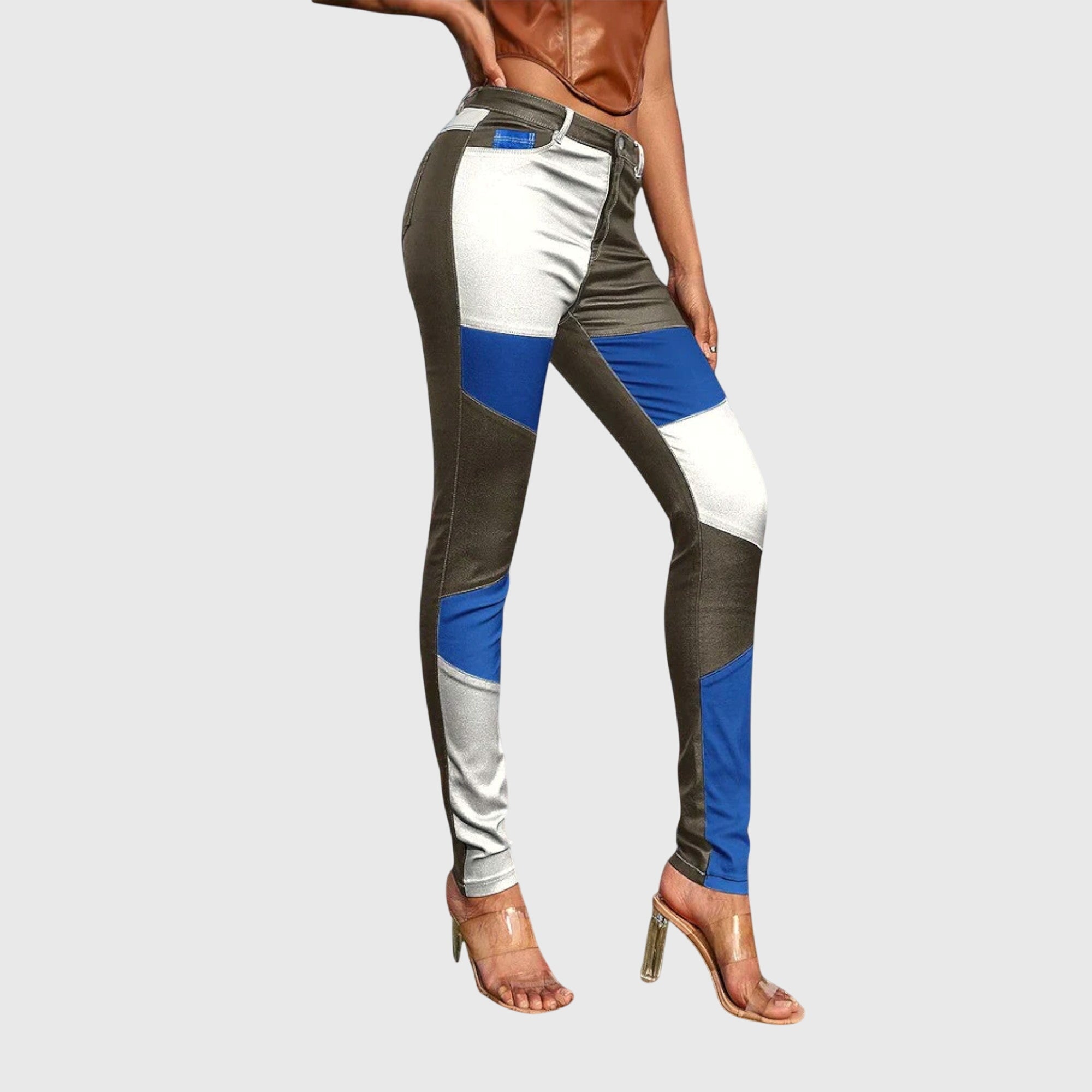 Ravessia | Women's High-Waisted Colorful Patchwork Slim Fit Pants