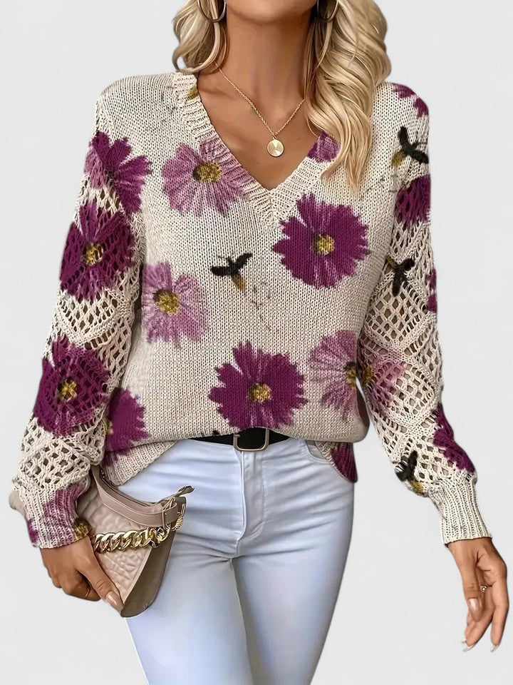 Sandrine | Maglione da donna con motivo floreale e scollo a V