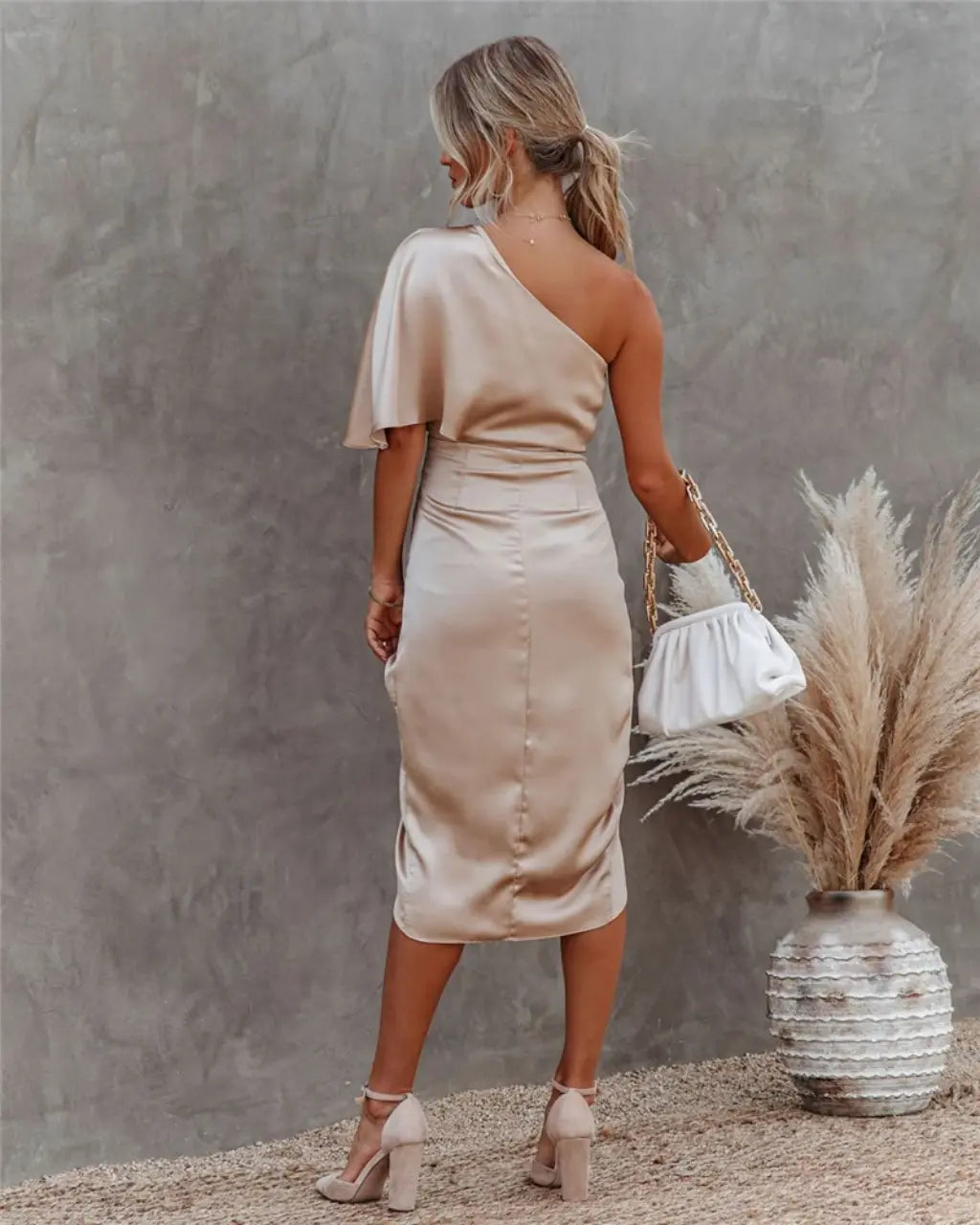Elmivra | Damska Elegancka Sukienka Midi na Jedno Ramię Drapowana