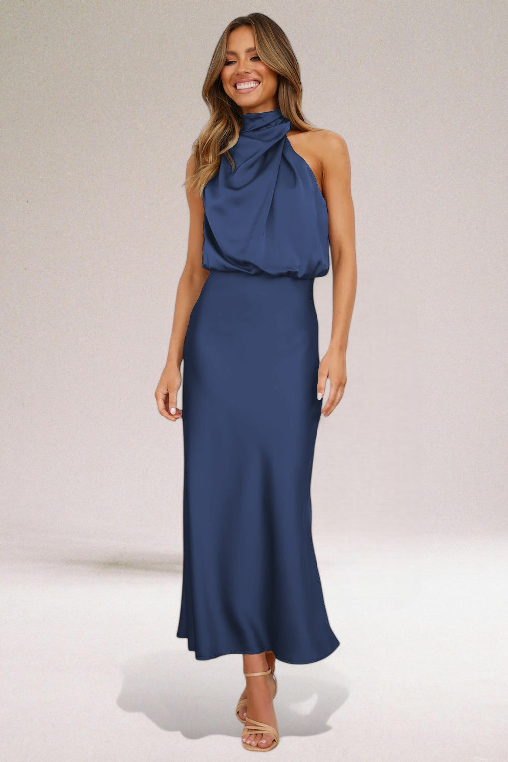 Sorelia | Abito Elegante da Donna in Raso Midi con Scollo Alto