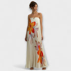 Moana | Abito Maxi Plissettato Estivo Donna con Fiori e Senza Spalline