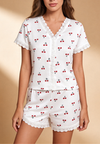 Cerelia | Completo Estivo da Donna Pigiama con Ciliegie, Pizzo e Pantaloncini
