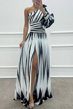 Bonnie | Elegancka Sukienka Maxi One Shoulder w Paski