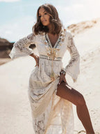 Isadora | Damska Sukienka Boho Maxi Z Koronką I Rozkloszowanymi Rękawami