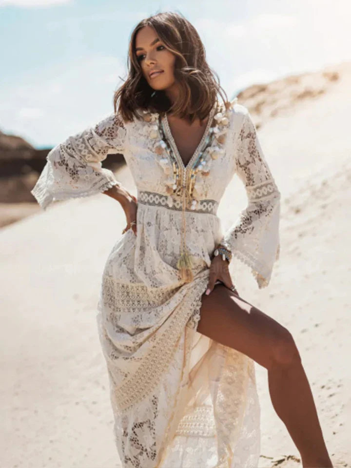 Isadora | Damska Sukienka Boho Maxi Z Koronką I Rozkloszowanymi Rękawami