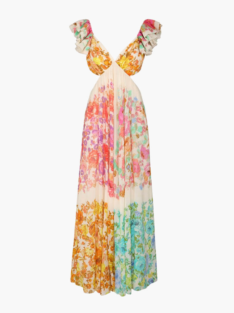 Meadow | Damska Elegancka Sukienka Maxi W Kwiaty Z Dekoltem V