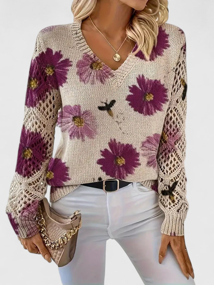 Sandrine | Maglione da donna con motivo floreale e scollo a V