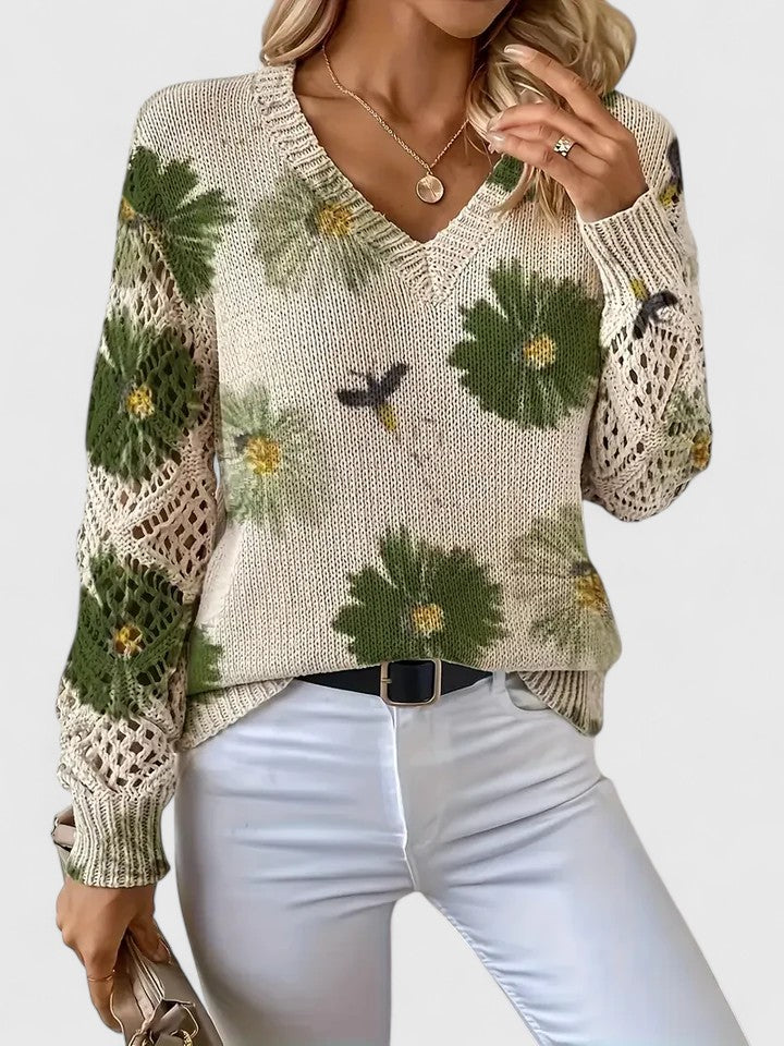 Sandrine | Maglione da donna con motivo floreale e scollo a V