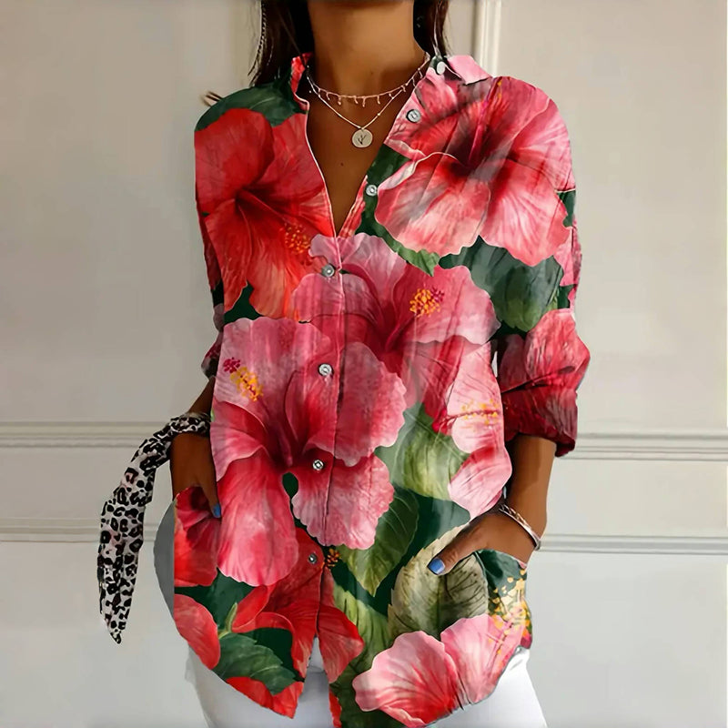 Cyntia | Camicia estiva da donna a fiori con chiusura e taglio ampio