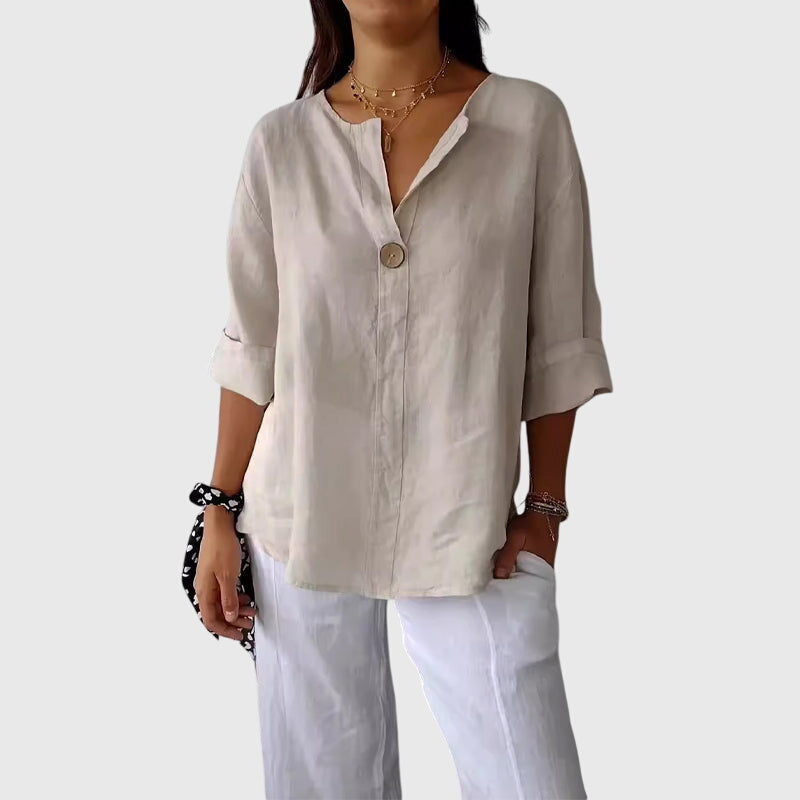 Noiréva | Camicia Casual da Donna in Lino con Scollo a V e Taglio Largo