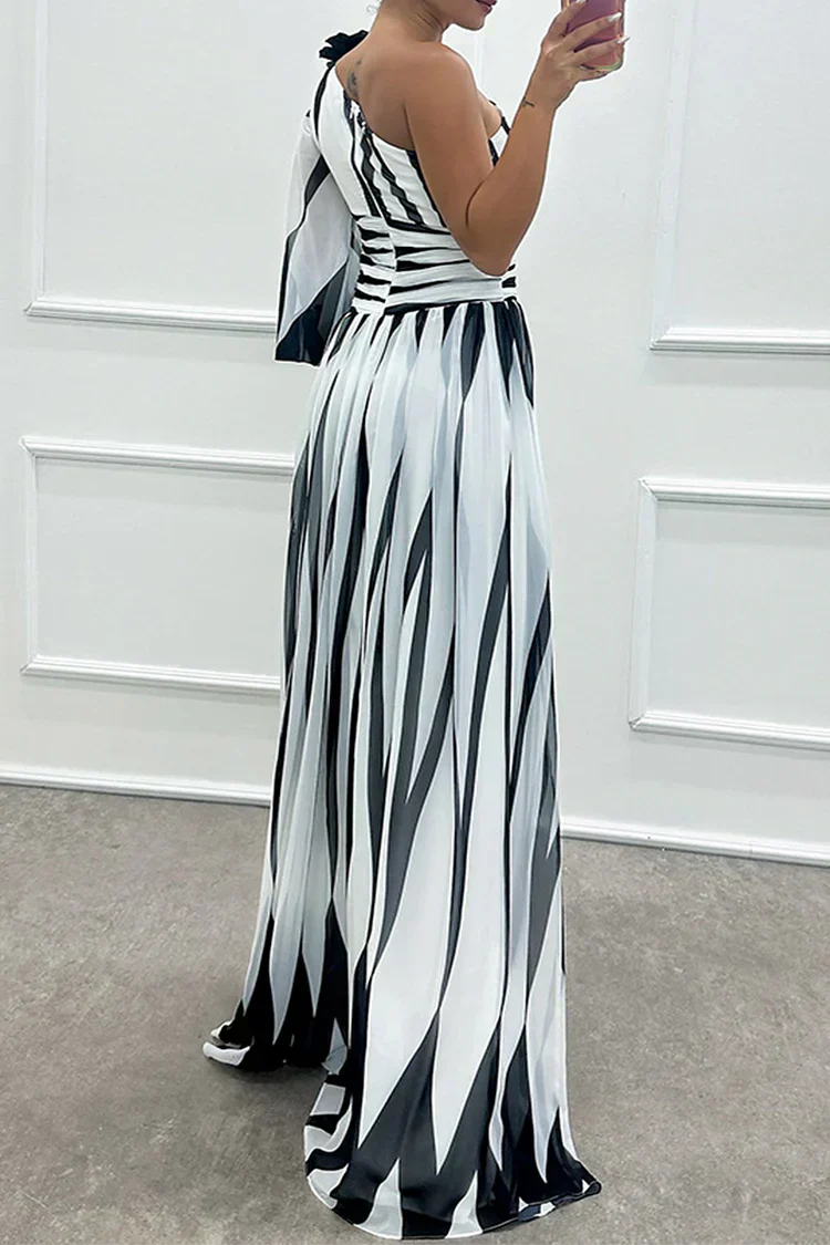 Bonnie | Elegancka Sukienka Maxi One Shoulder w Paski