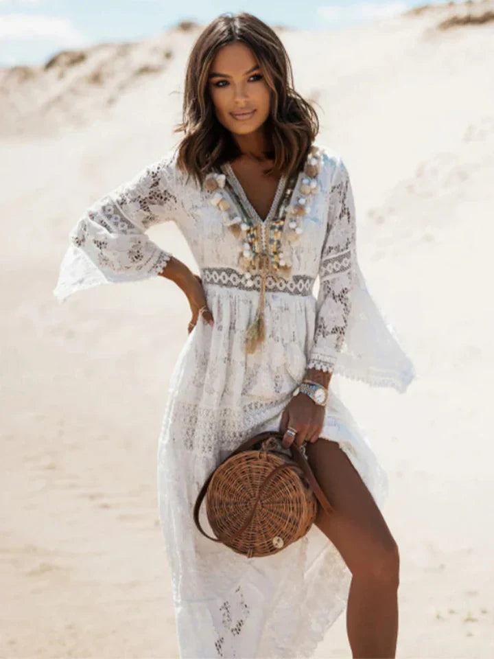 Isadora | Damska Sukienka Boho Maxi Z Koronką I Rozkloszowanymi Rękawami
