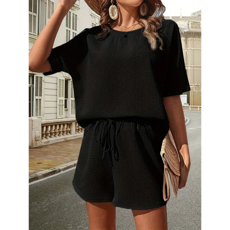 Luvessa | Women's Summer Textured Set with Shorts and Tie