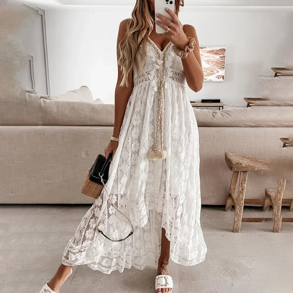 Opal | Damska Koronkowa Sukienka Boho Midi Z Frędzlami