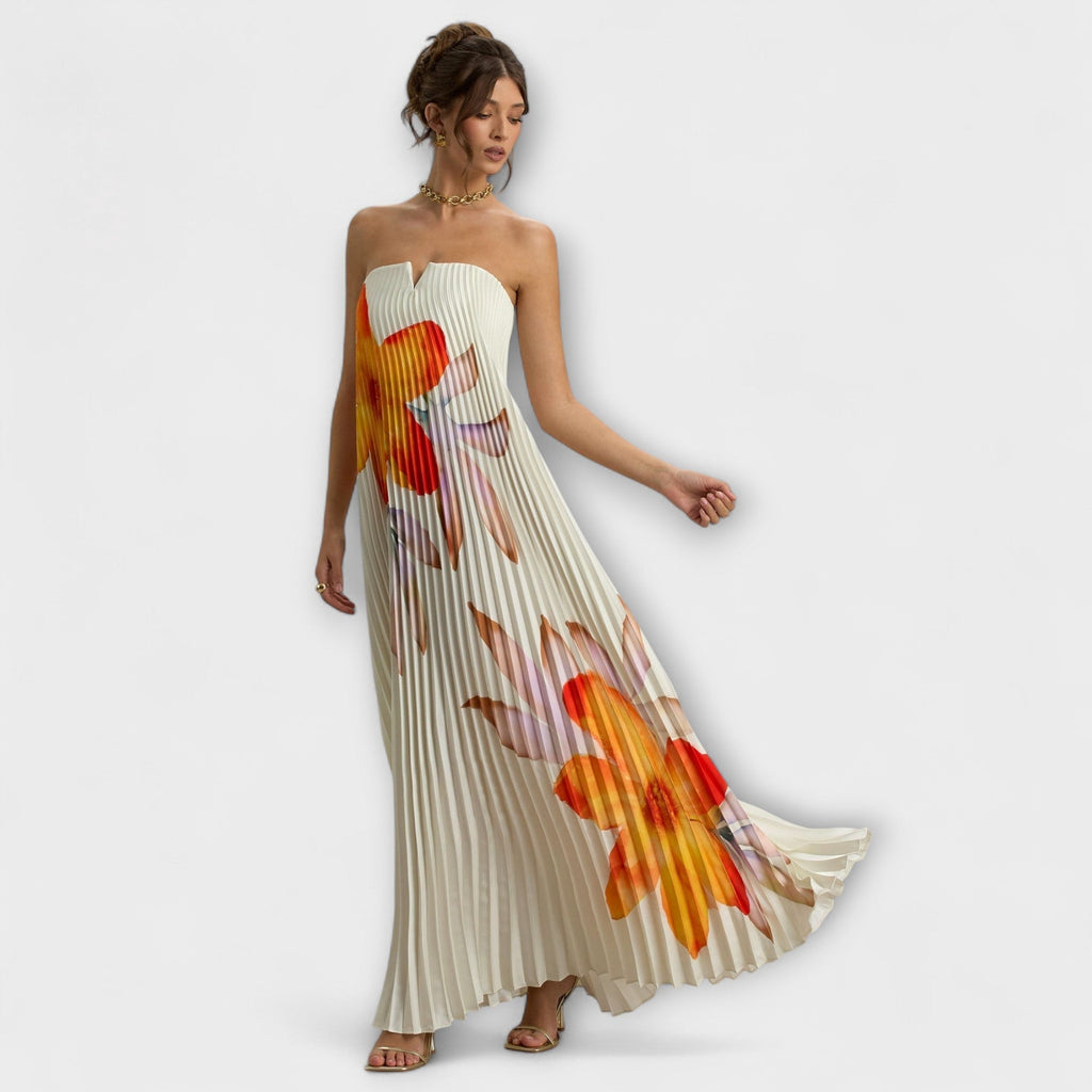 Moana | Abito Maxi Plissettato Estivo Donna con Fiori e Senza Spalline