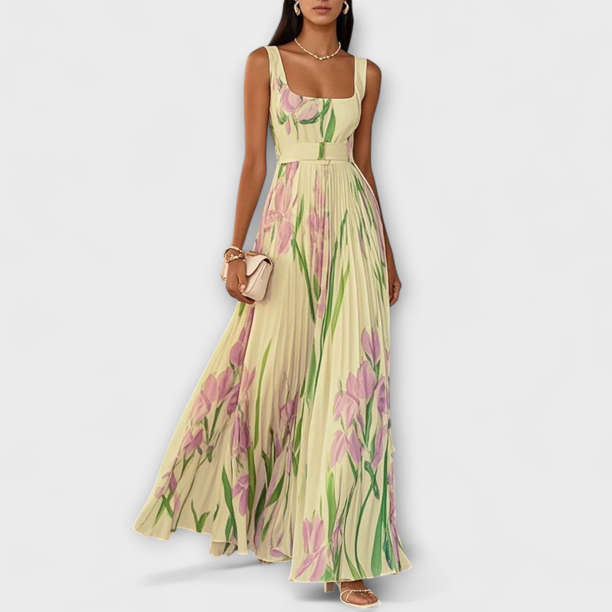 Lunaria | Abito Maxi Plissettato da Donna in Chiffon con Motivo Floreale