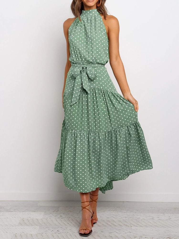 Orlena | Damska Letnia Sukienka Halter w Grochy Midi