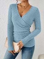 Selmira | Blusa Donna a Costine con Scollo a V Incrociato Casual