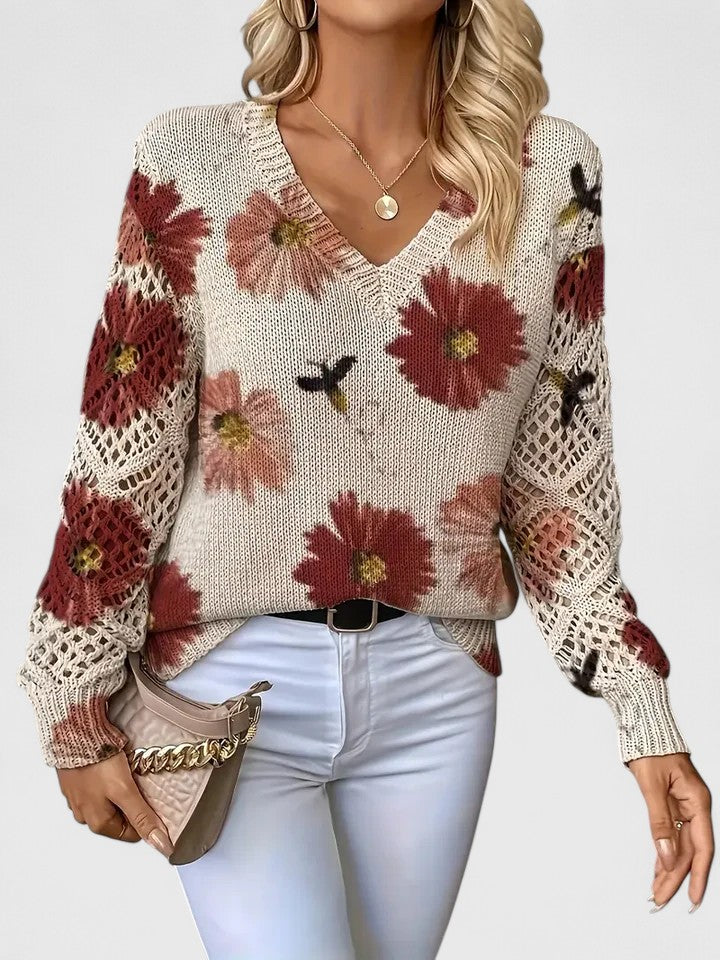 Sandrine | Women's Sweater with Floral Pattern and V-Neck