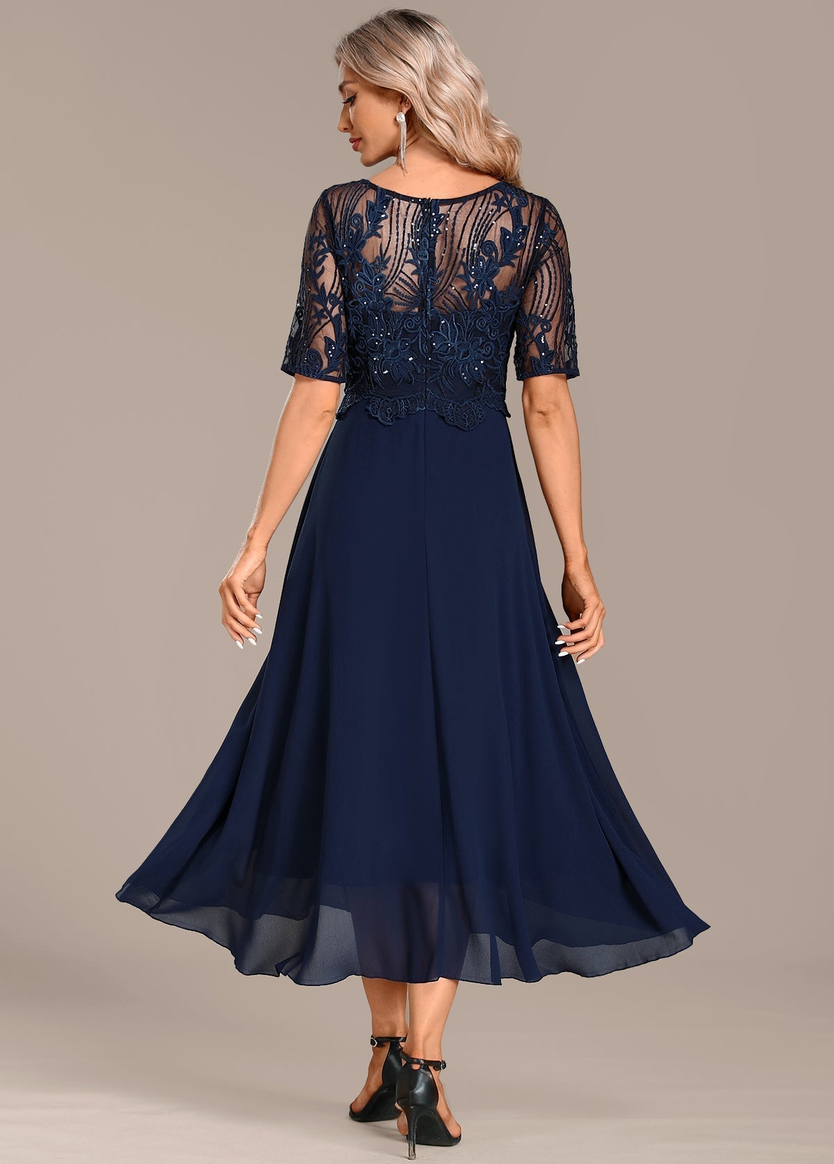 Naviera | Damska Elegancka Sukienka Midi z Koronką Krótki Rękaw