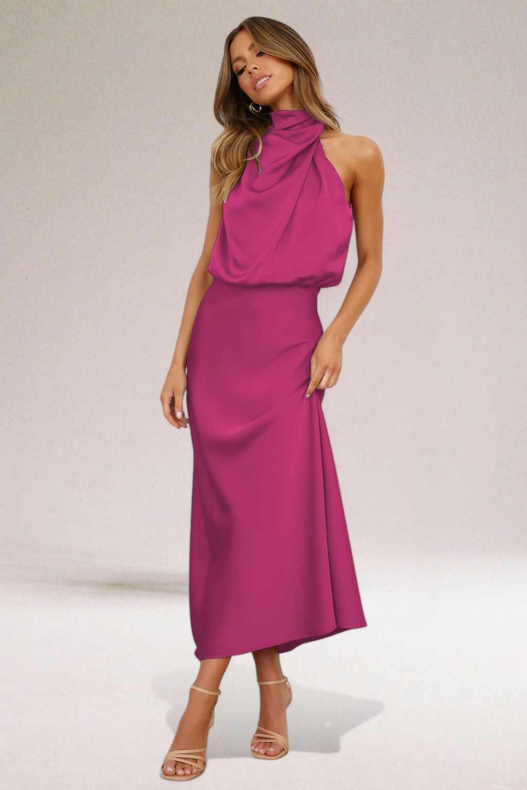 Sorelia | Abito Elegante da Donna in Raso Midi con Scollo Alto