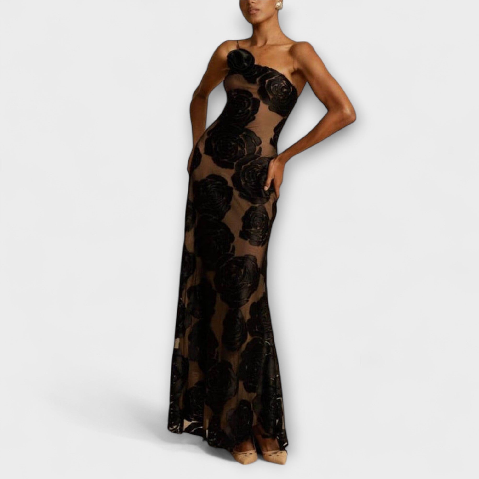 Salena | Abito Maxi Elegante Trasparente da Donna con Motivo Floreale
