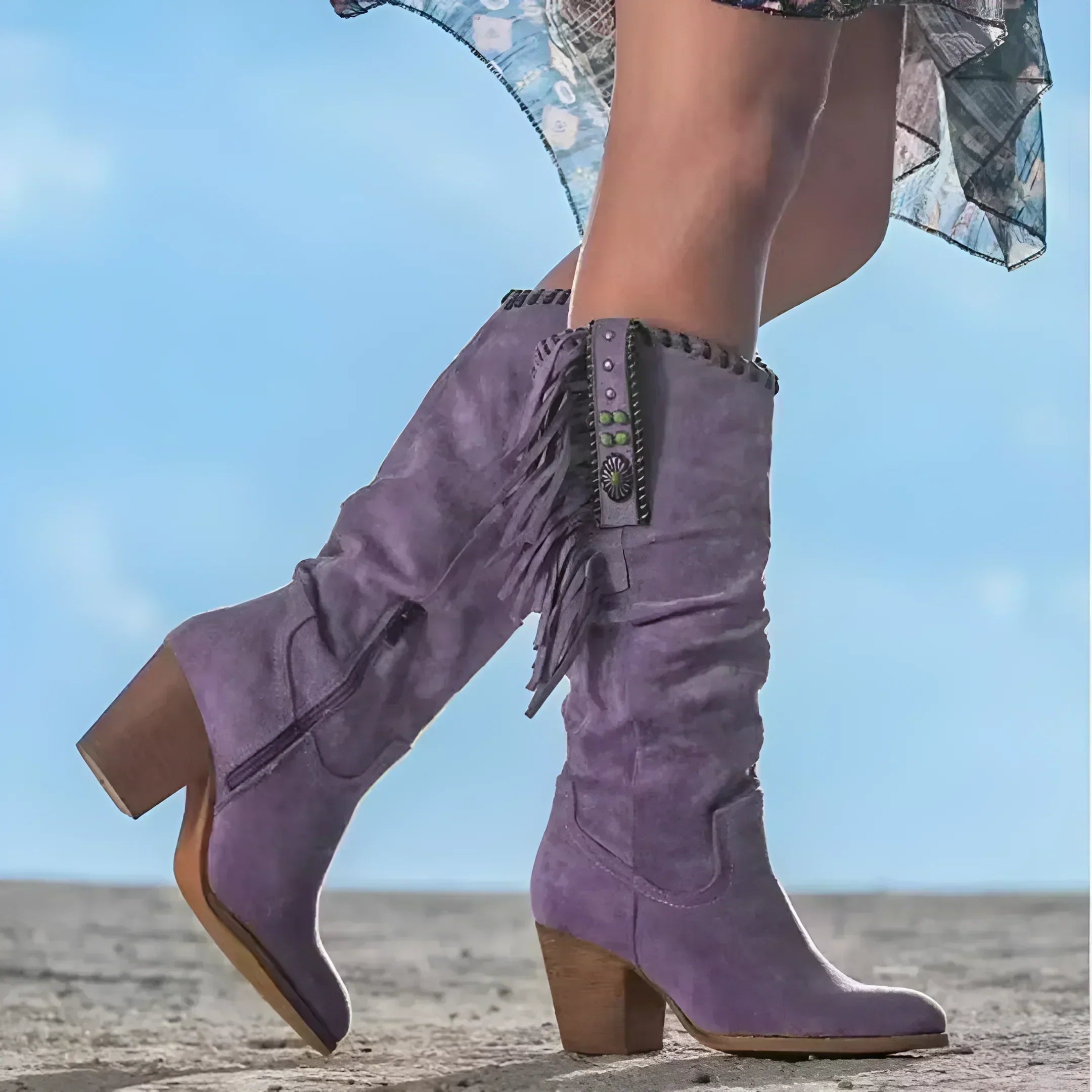 Zanviera | Women's Boho Cowboy Boots with Fringe Western Mid-Calf