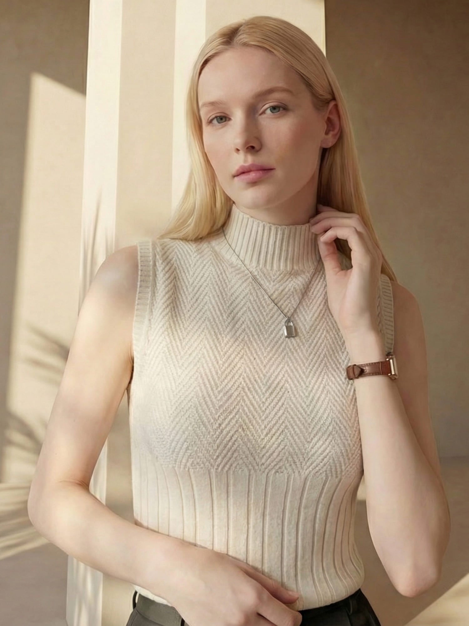 Rose| Women's Sleeveless Knit Top with Mock Neck
