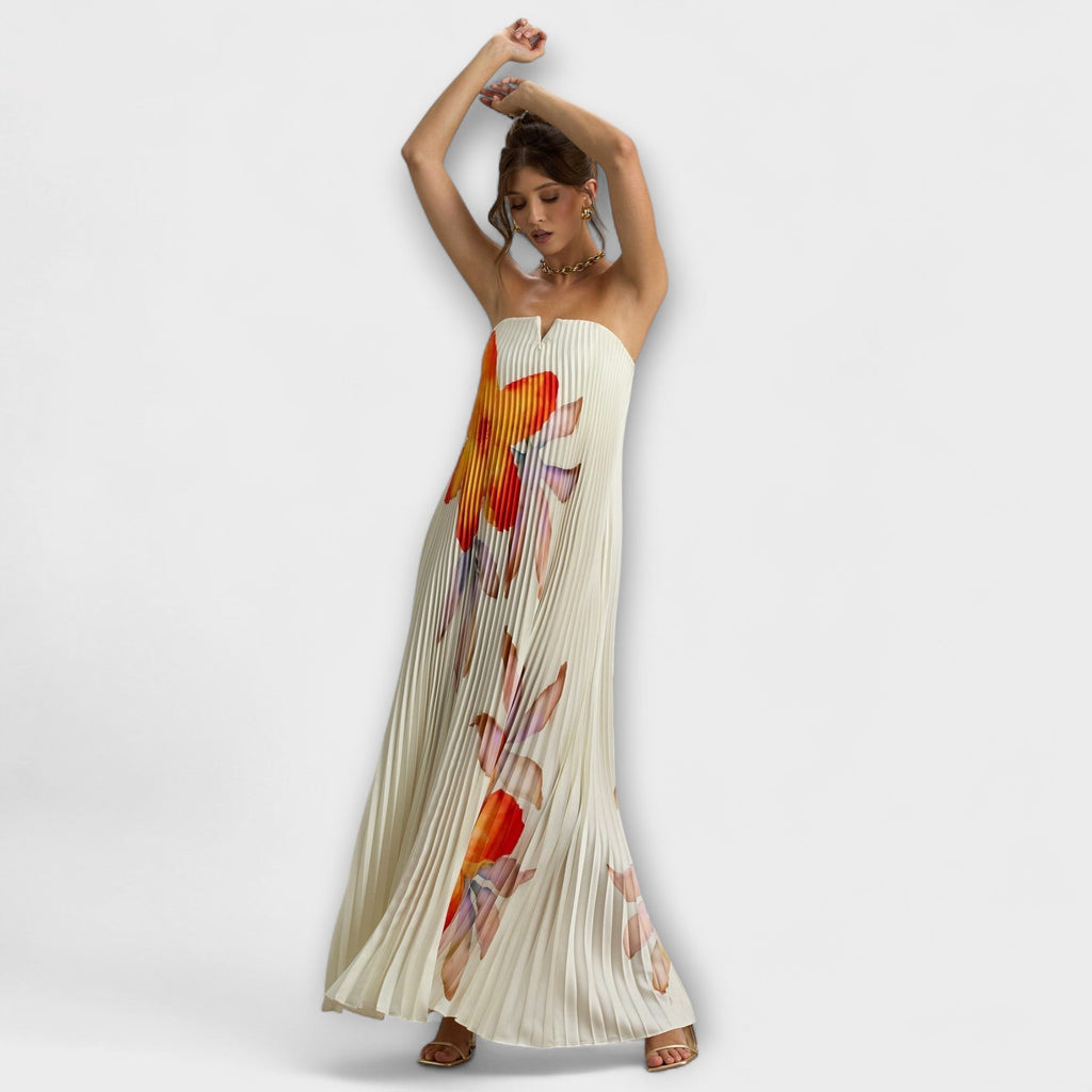 Moana | Abito Maxi Plissettato Estivo Donna con Fiori e Senza Spalline