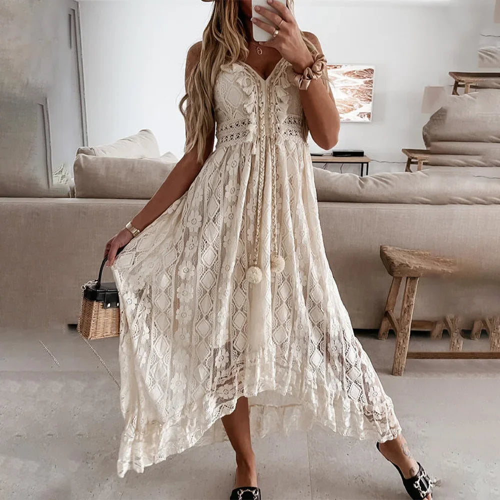 Opal | Damska Koronkowa Sukienka Boho Midi Z Frędzlami