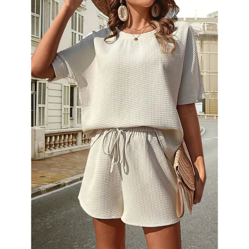 Luvessa | Women's Summer Textured Set with Shorts and Tie
