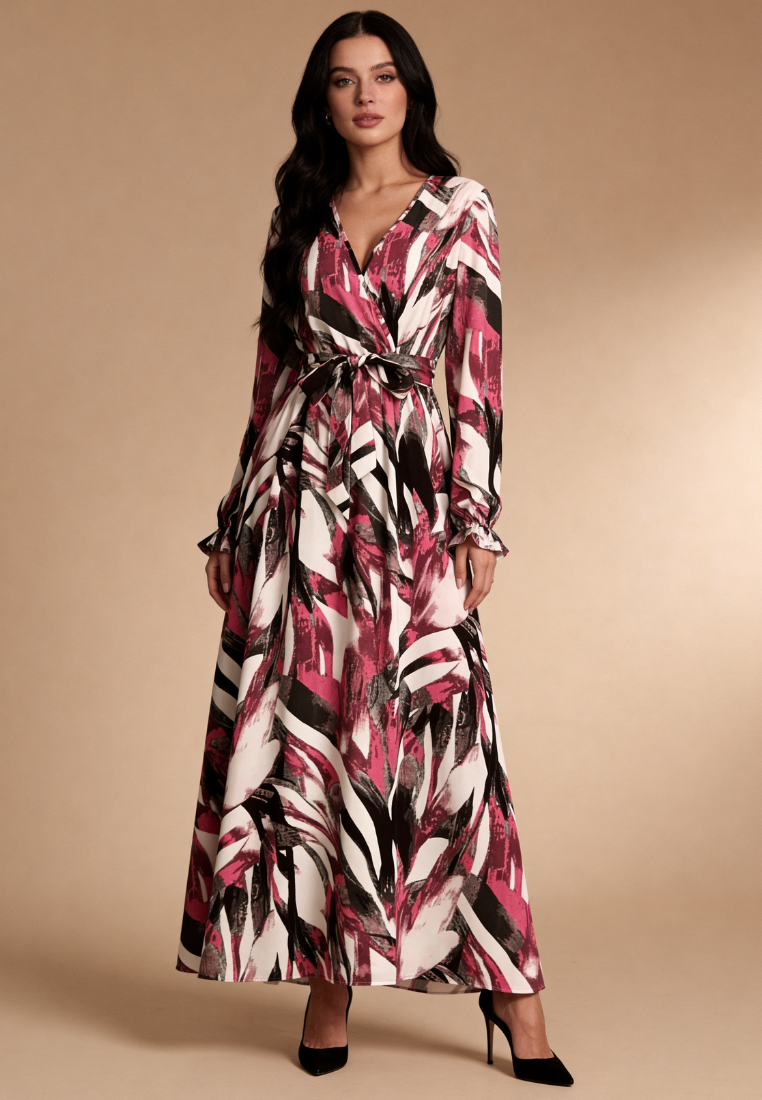 Valeria | Damska Elegancka Sukienka Maxi We Wzory Z Paskiem