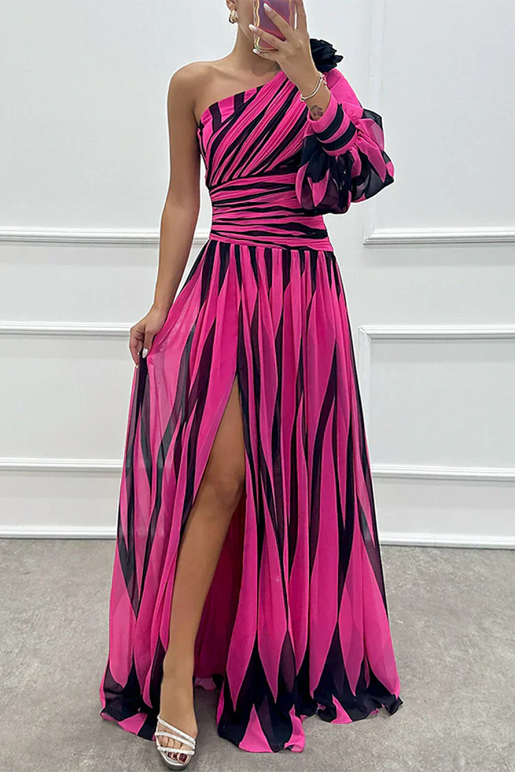 Bonnie | Elegancka Sukienka Maxi One Shoulder w Paski