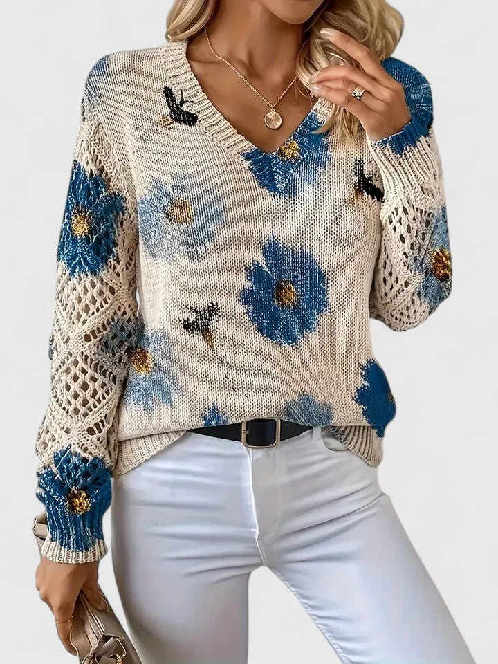 Sandrine | Maglione da donna con motivo floreale e scollo a V