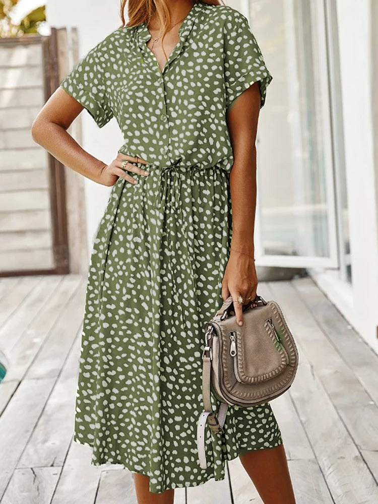Zeraya | Women's Summer Midi Dress with Print and Waist Tie