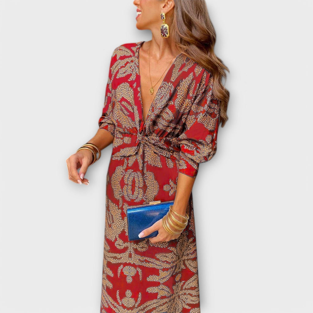 Elorina | Abito Midi Elegante da Donna con Maniche Lunghe e Fantasia