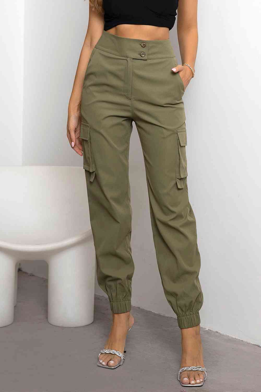 Rovena | Women's High-Waisted Tapered Casual Cargo Pants