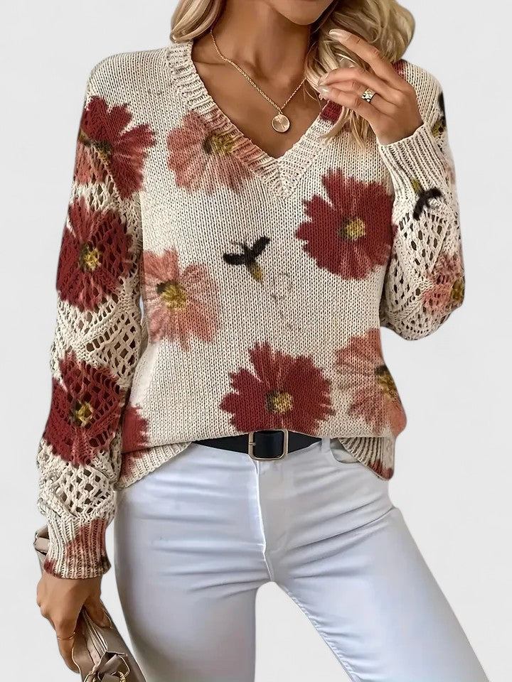 Sandrine | Maglione da donna con motivo floreale e scollo a V