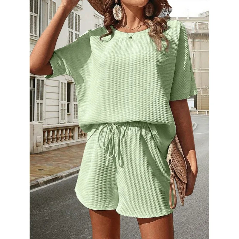 Luvessa | Women's Summer Textured Set with Shorts and Tie