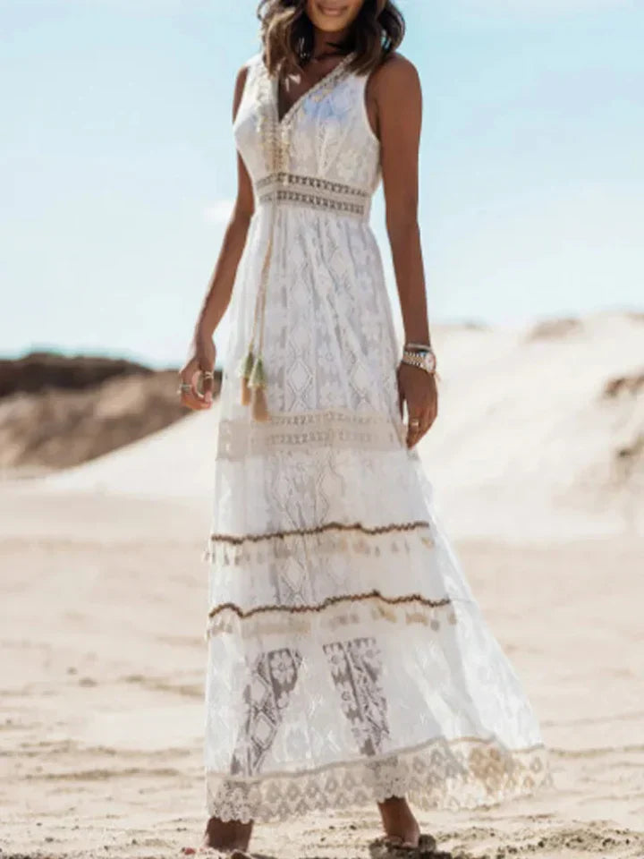 Isadora | Damska Sukienka Boho Maxi Z Koronką I Rozkloszowanymi Rękawami