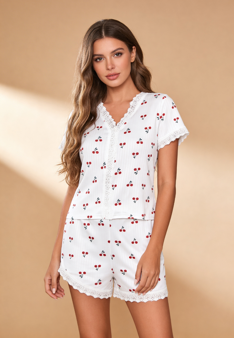 Cerelia | Completo Estivo da Donna Pigiama con Ciliegie, Pizzo e Pantaloncini