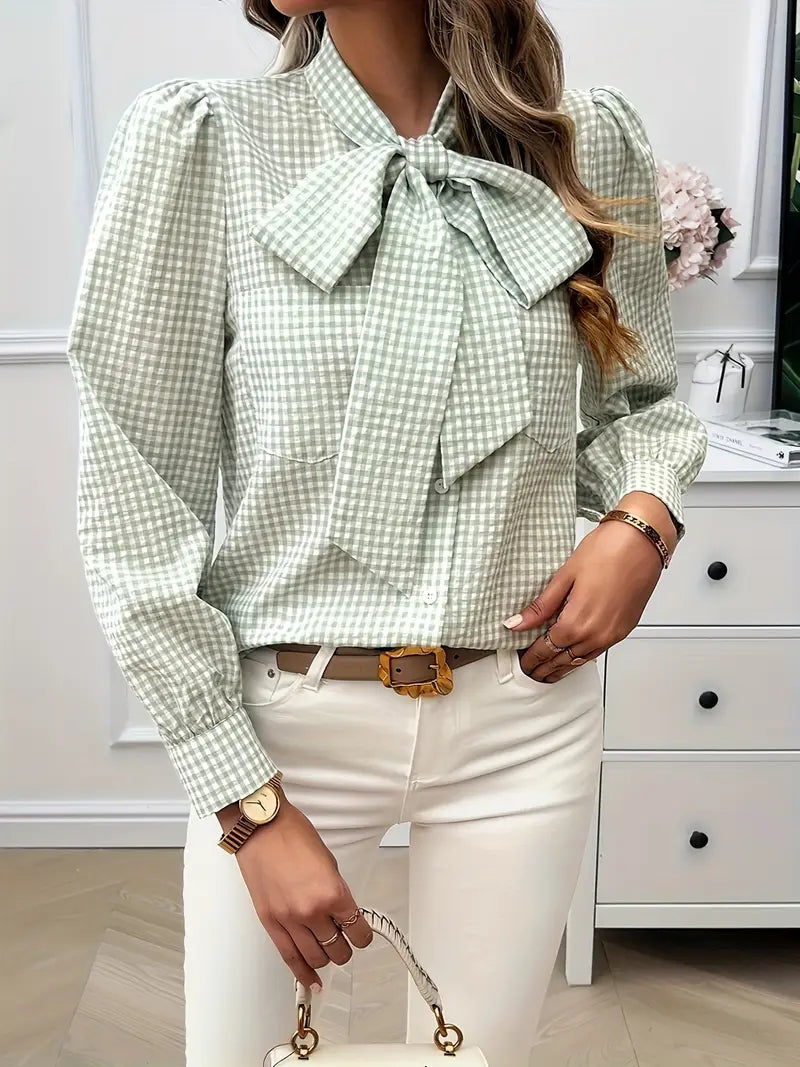 Rosmira | Camicetta elegante da donna a quadri con fiocco al collo