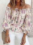 Floréa | Blusa estiva da donna con spalle scoperte, stampa floreale e maniche a sbuffo