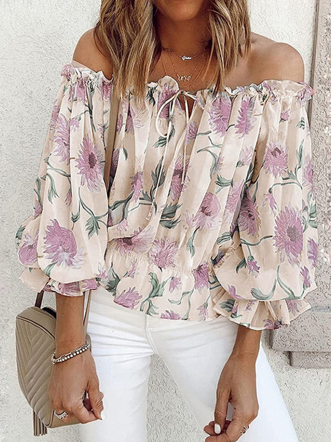 Floréa | Blusa estiva da donna con spalle scoperte, stampa floreale e maniche a sbuffo