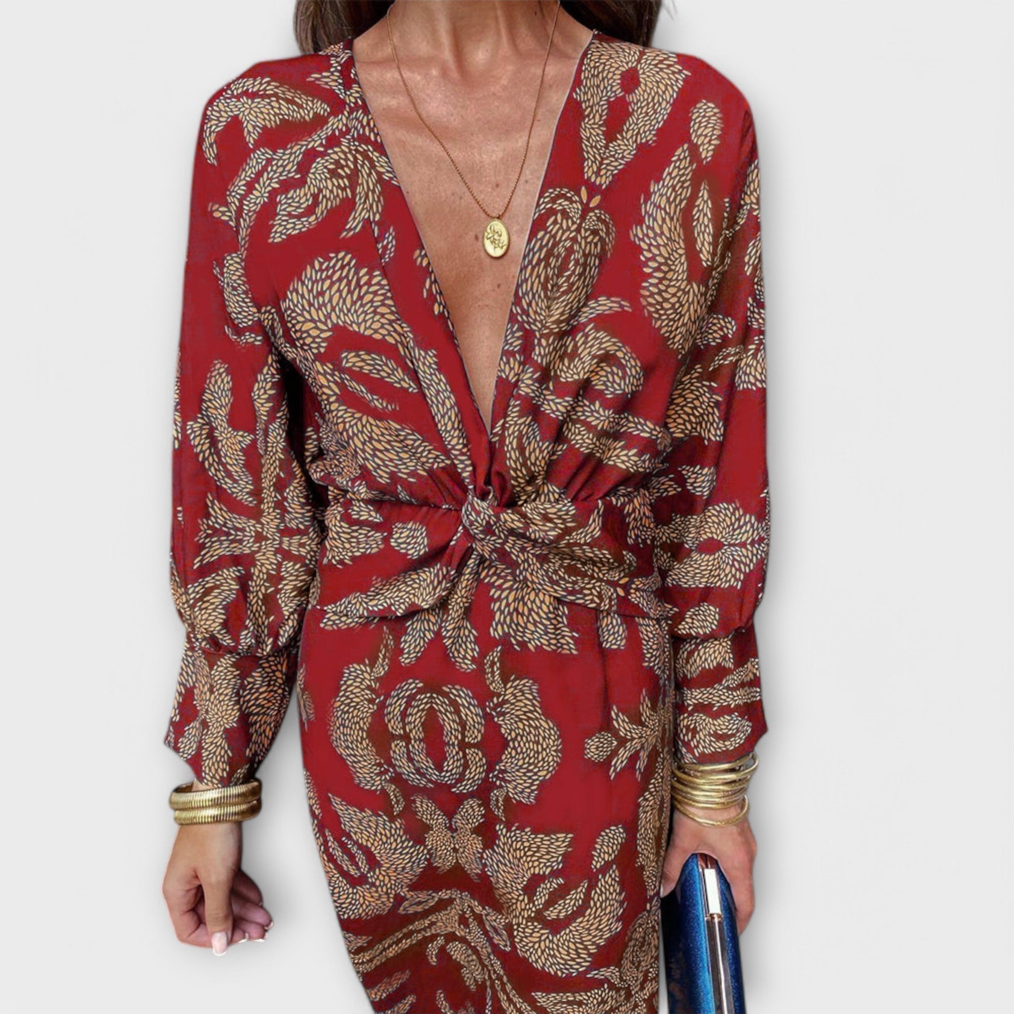 Elorina | Abito Midi Elegante da Donna con Maniche Lunghe e Fantasia